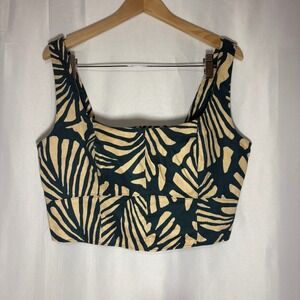 NWT Banana Republic Womens Linen Blend Palm Print Cropped Top Green Tan 12
